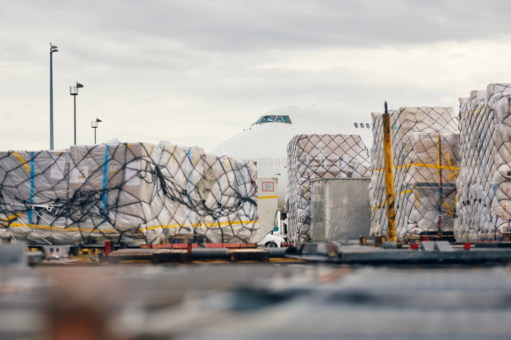 air freight prepped to be loaded into a plane